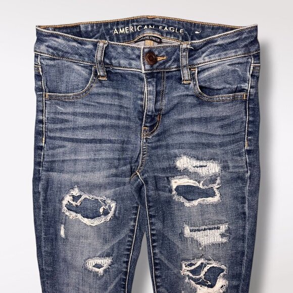 American Eagle Low Rise Jeggings Ripped Jeans Dark Wash 4 Short - Picture 2 of 10